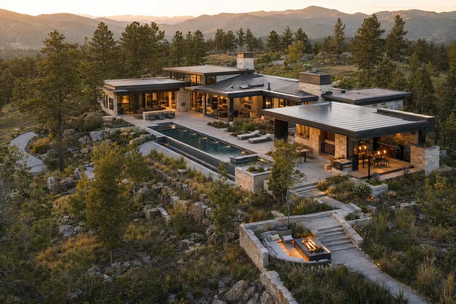 Illustrative complete outdoor estate showing the architecture, pool and landscape to coordinate