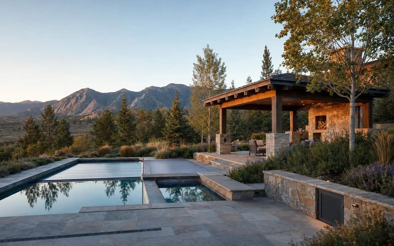 Illustrative maintained Colorado estate with a heated pool, pavilion, stone terraces, and mature landscape
