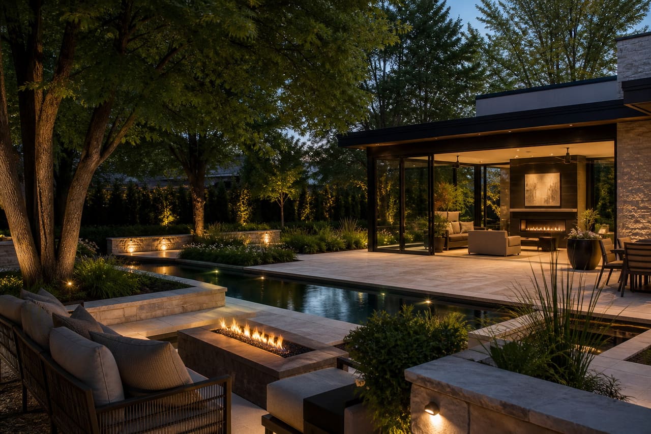 Illustrative Bow Mar outdoor estate with mature trees, a glass four-season room, quiet water, limestone terraces, and an integrated fire court