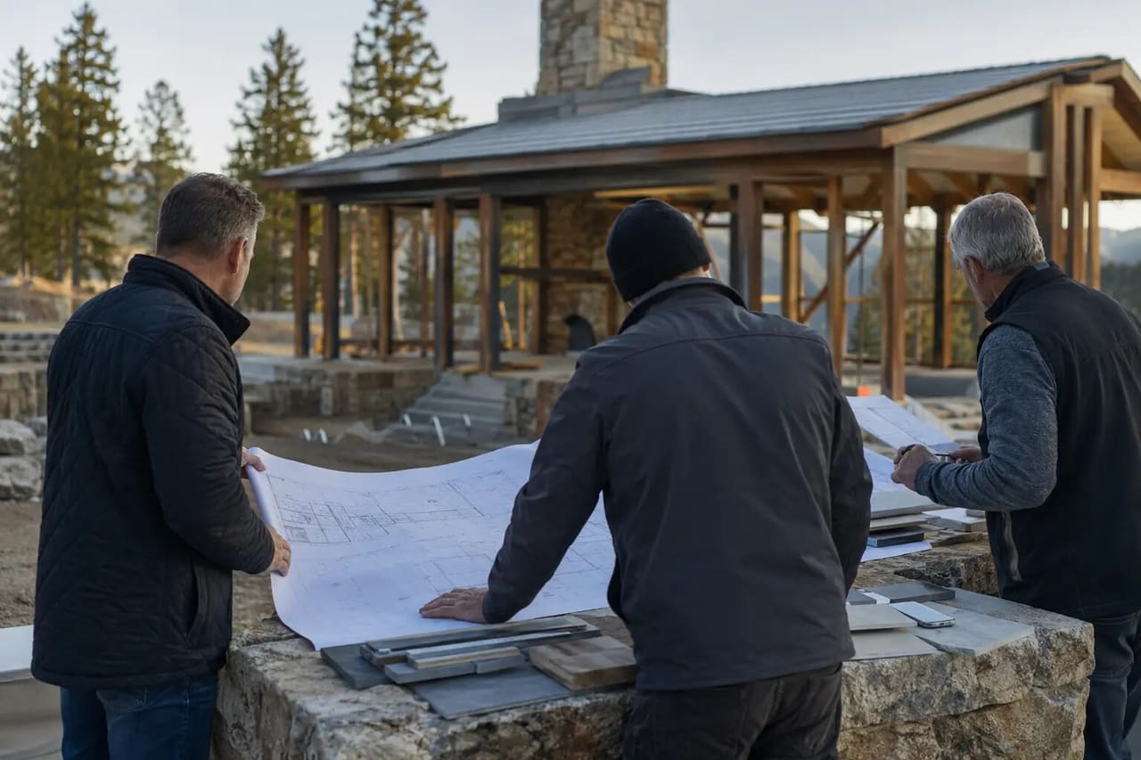 Illustrative construction professionals reviewing estate plans and material samples during preconstruction