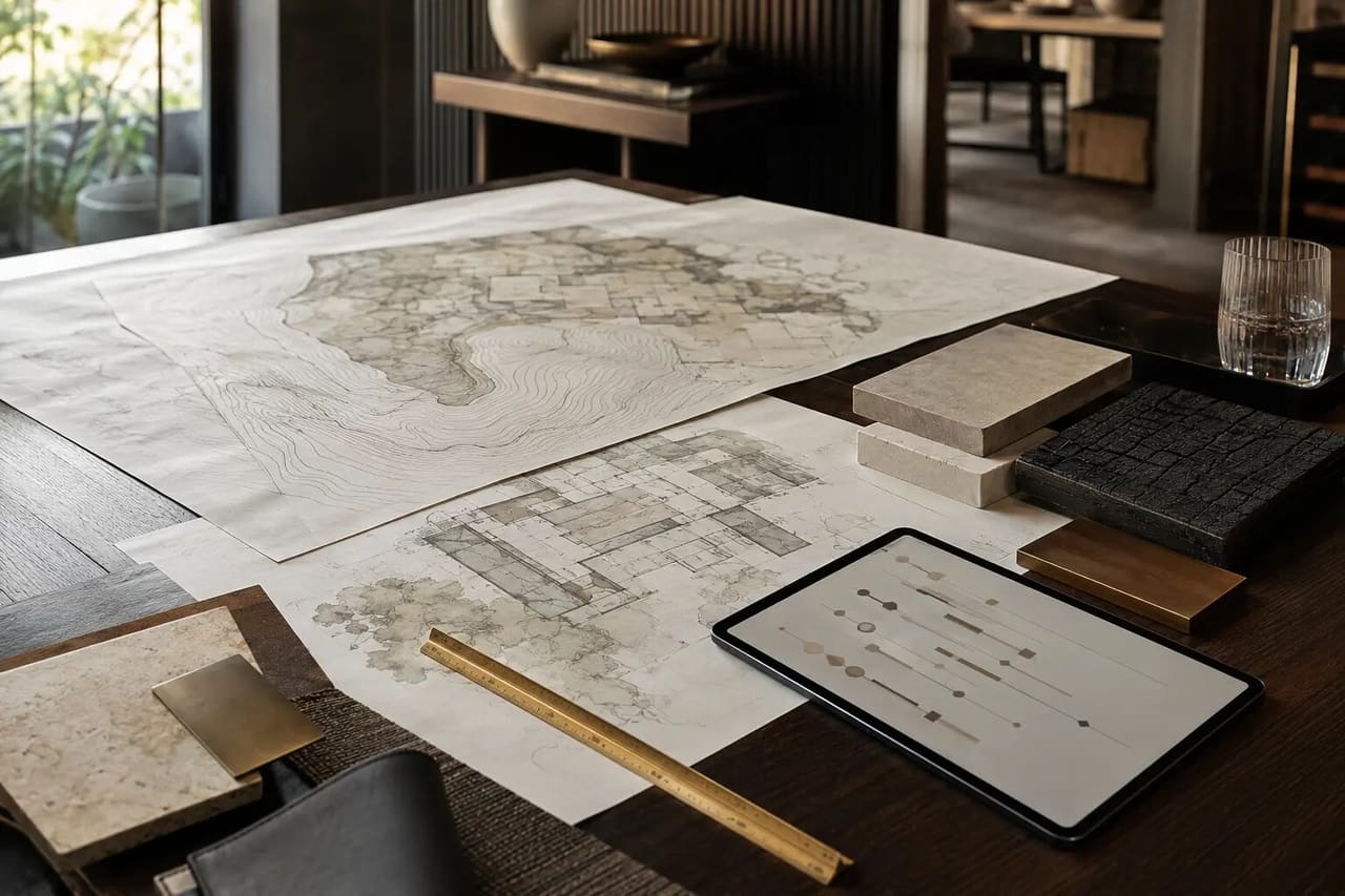 Illustrative estate plans, survey, schedule, and material samples arranged for capital planning