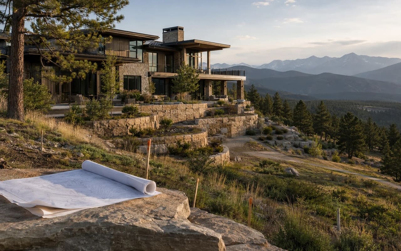 Illustrative Castle Pines ridge estate with stone terraces, retaining systems, native pines, grading stakes, and civil plans
