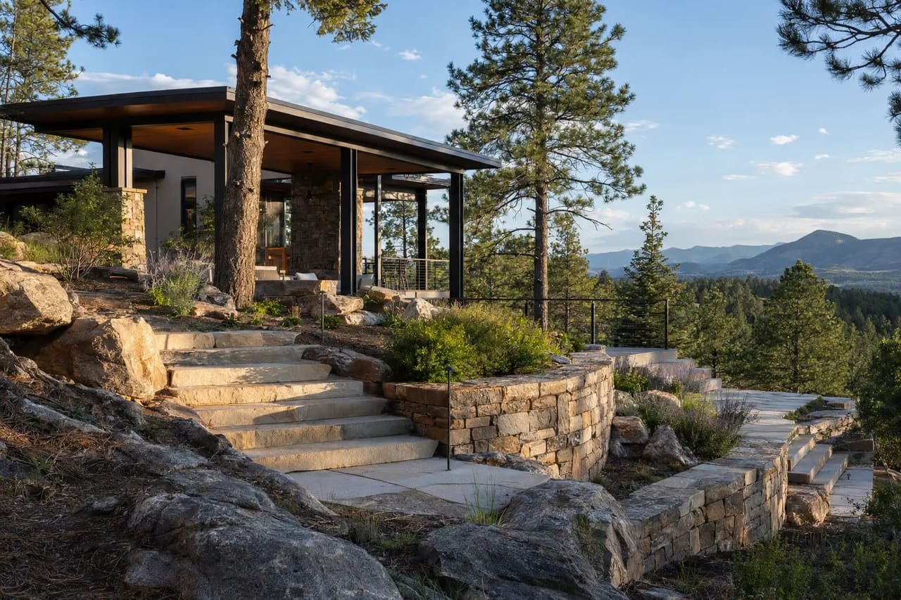 Illustrative study of a Colorado ridge estate shaped by stone terraces, retaining systems, and mountain views