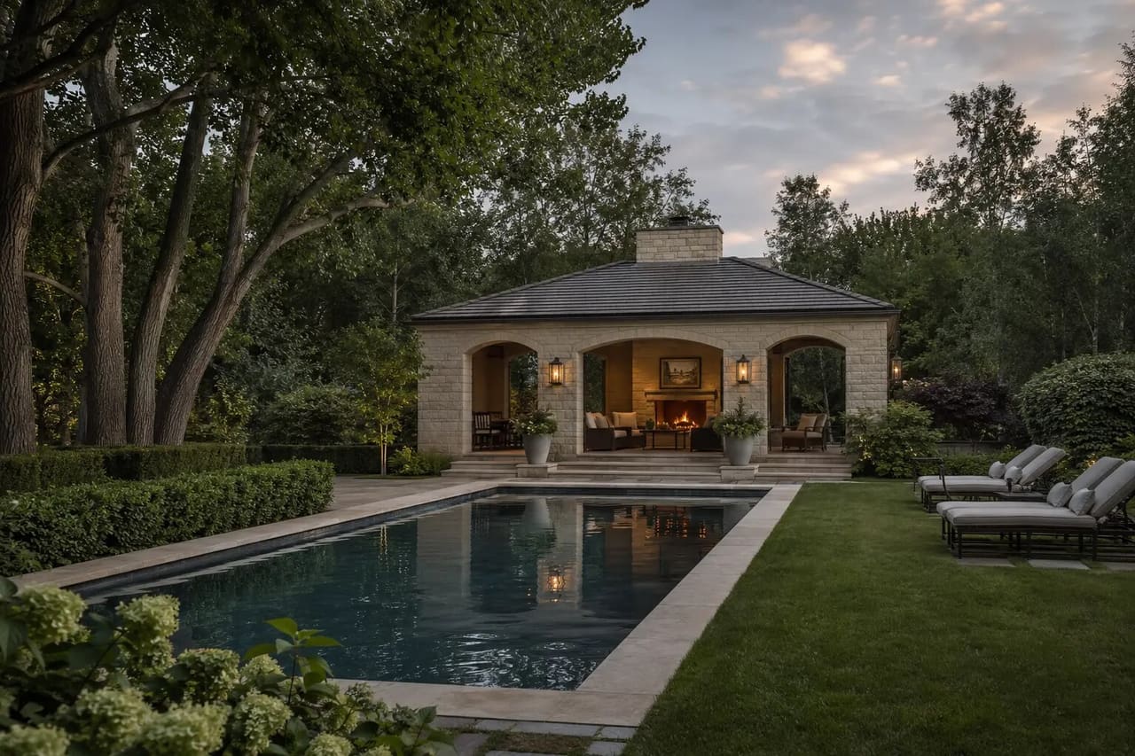 Illustrative Cherry Hills estate garden with a limestone pavilion, pool, clipped hedges, and mature trees