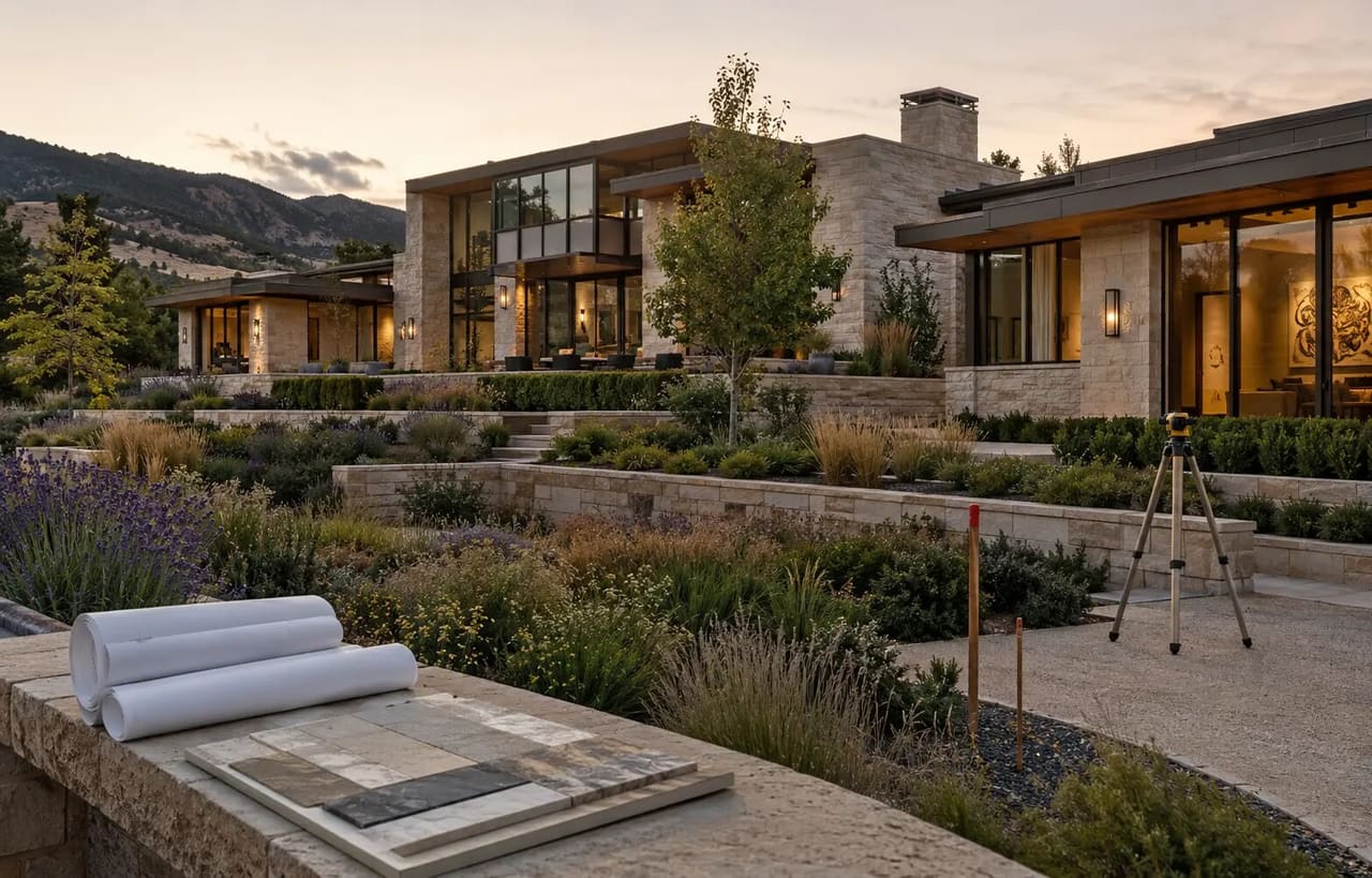 Illustrative Cherry Hills Village estate planning scene with a limestone residence, layered gardens, survey stakes, and rolled plans