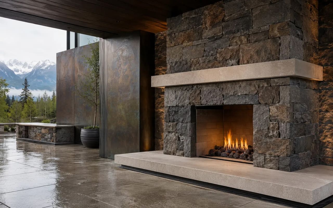 Illustrative Colorado estate material study with limestone, porcelain, board-formed concrete, bronze, steel, and native planting