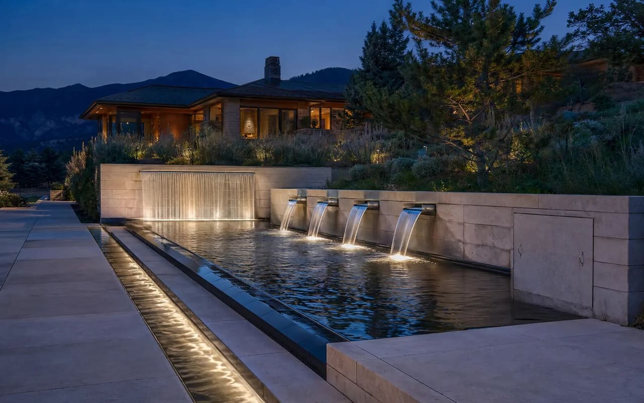 Illustrative Colorado estate with a reflecting basin, rill, infinity pool, raised spa, and laminar water jets