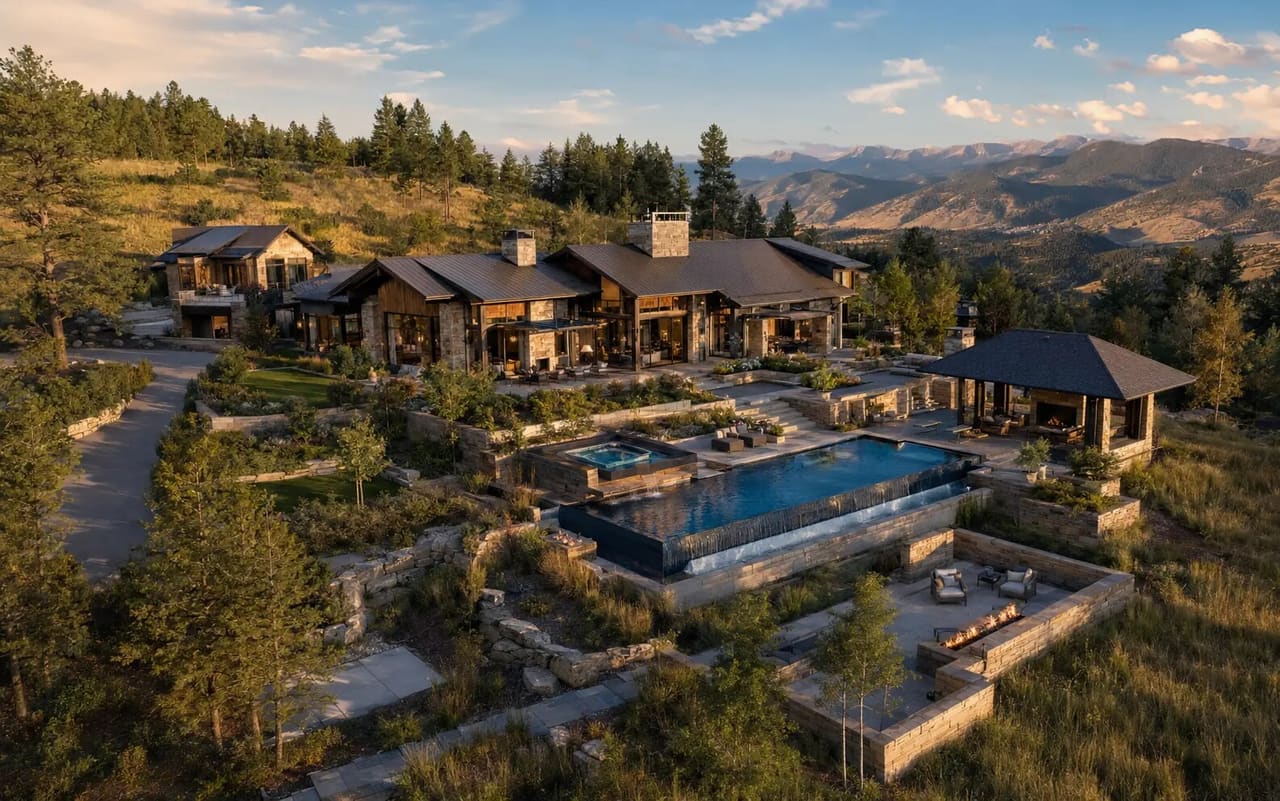 Illustrative aerial study of an eight-figure Colorado compound with a residence, pool house, water, fire court, terraces, and gardens