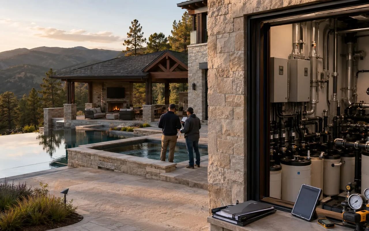 Illustrative Colorado estate equipment room and terrace prepared for systems commissioning and owner turnover
