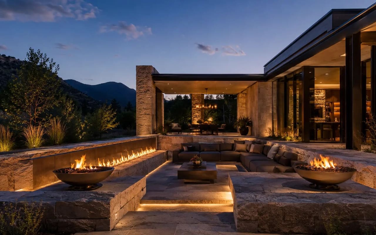 Conceptual outdoor fire feature; not evidence of permission to burn