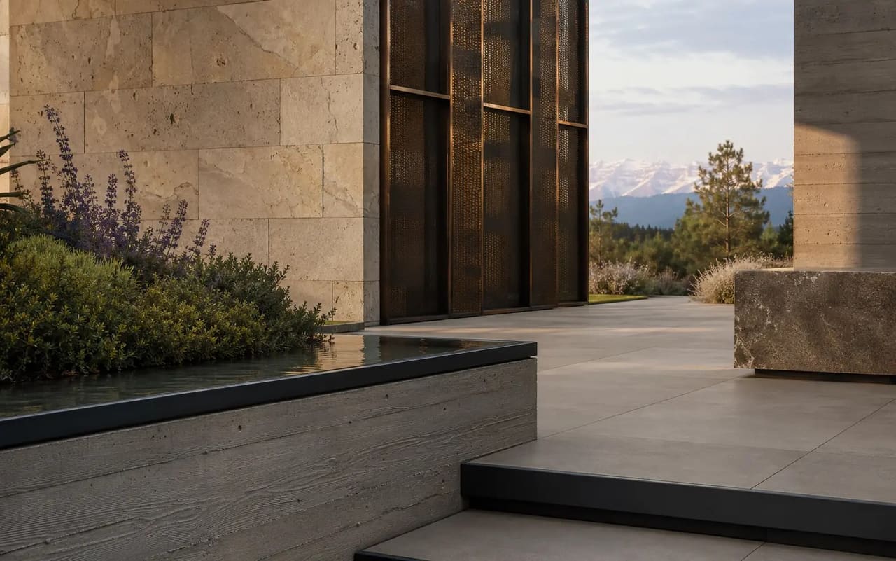 Illustrative material study of veined limestone, large-format porcelain, board-formed concrete, bronze, and blackened steel