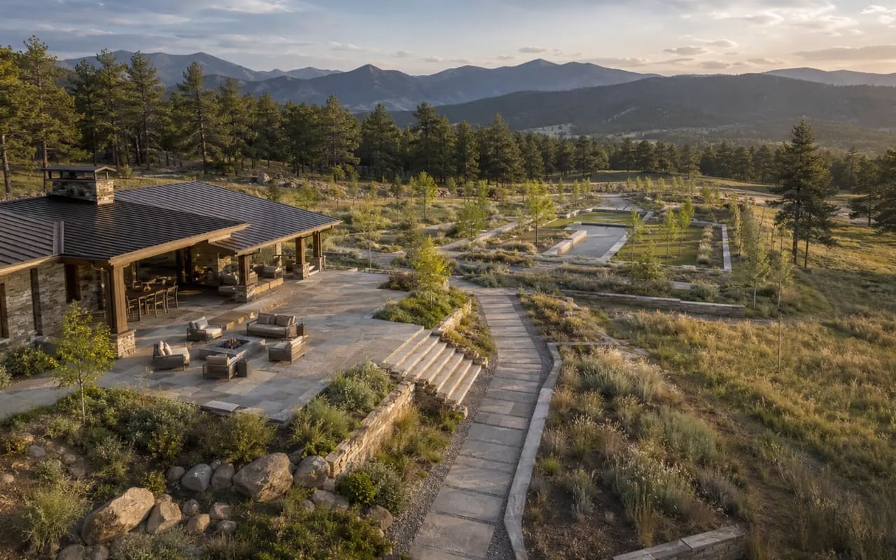 Illustrative aerial estate study linking a completed pavilion and terrace to planned landscape and water phases