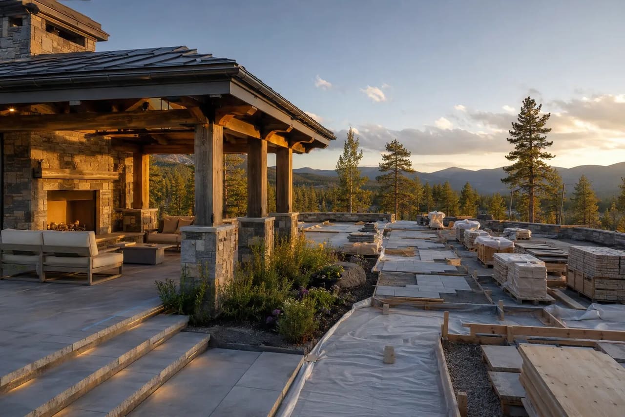 Illustrative Colorado estate site transitioning from active terrace work to a finished pavilion