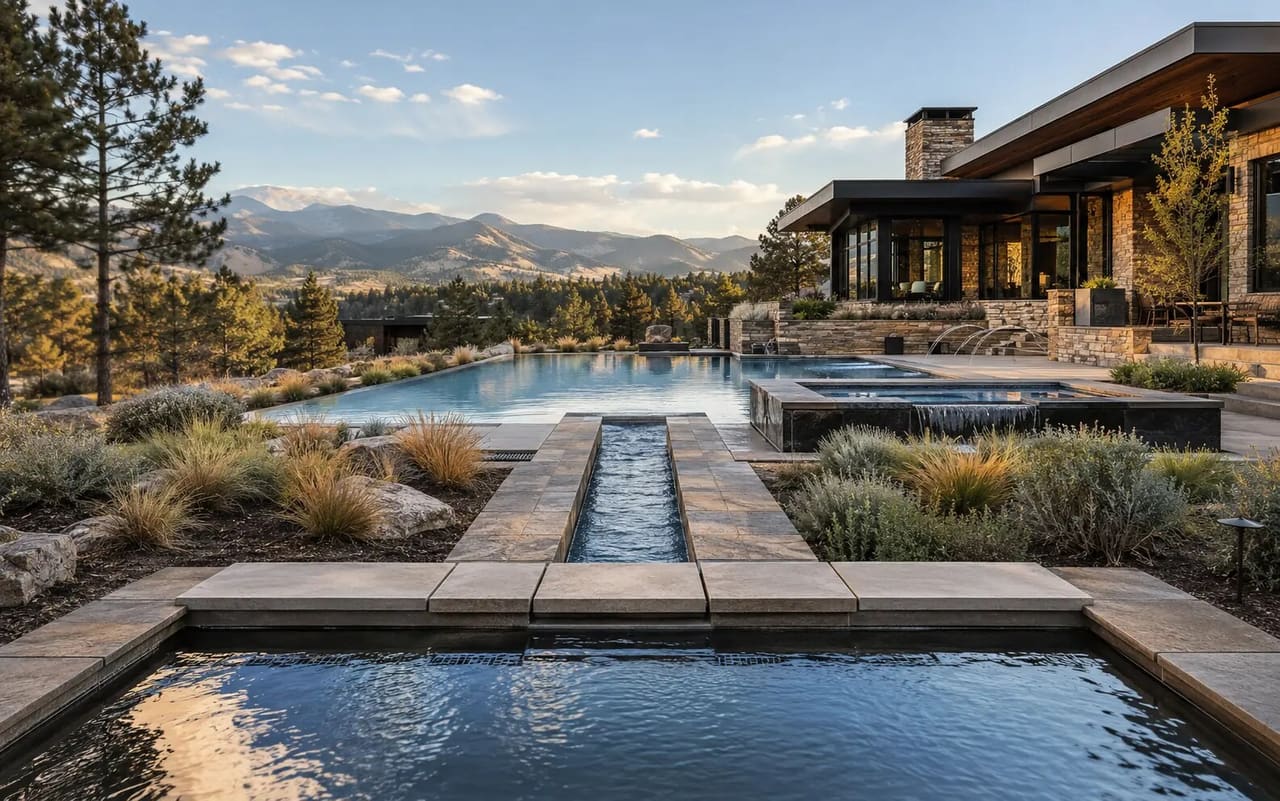 Illustrative Colorado estate with a reflecting basin, stone rill, infinity pool, raised spa, and laminar water jets