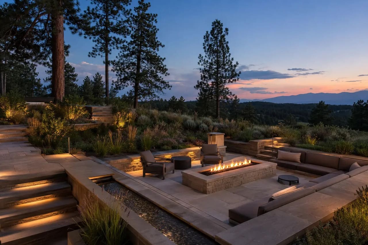 Illustrative foothill fire terrace with noncombustible paving, open forest spacing, native planting, and mountain views