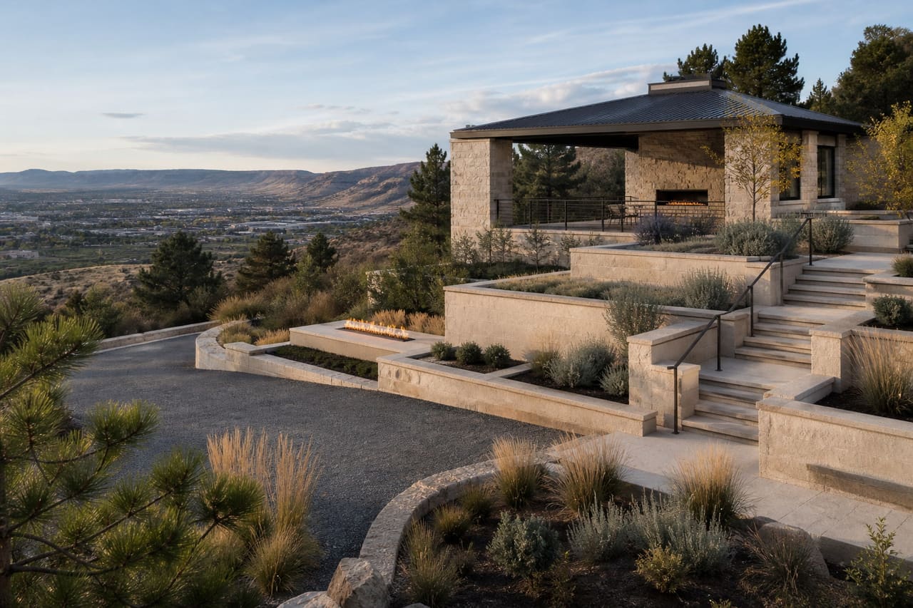 Illustrative Golden foothill estate with limestone terraces, native dryland planting, access court, and a pavilion overlooking the mesa landscape