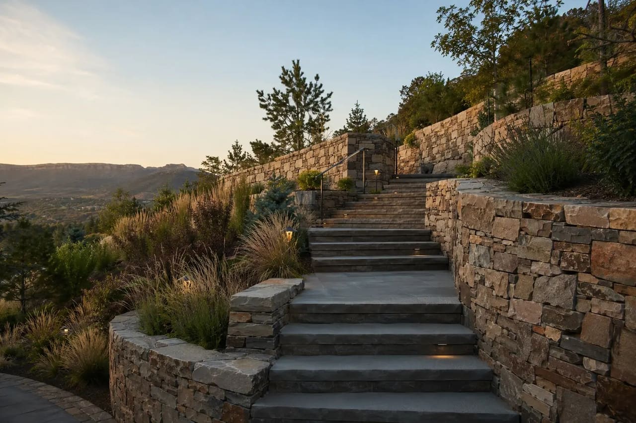 Illustrative Golden foothill estate with stone stairs, architectural retaining walls, and native planting