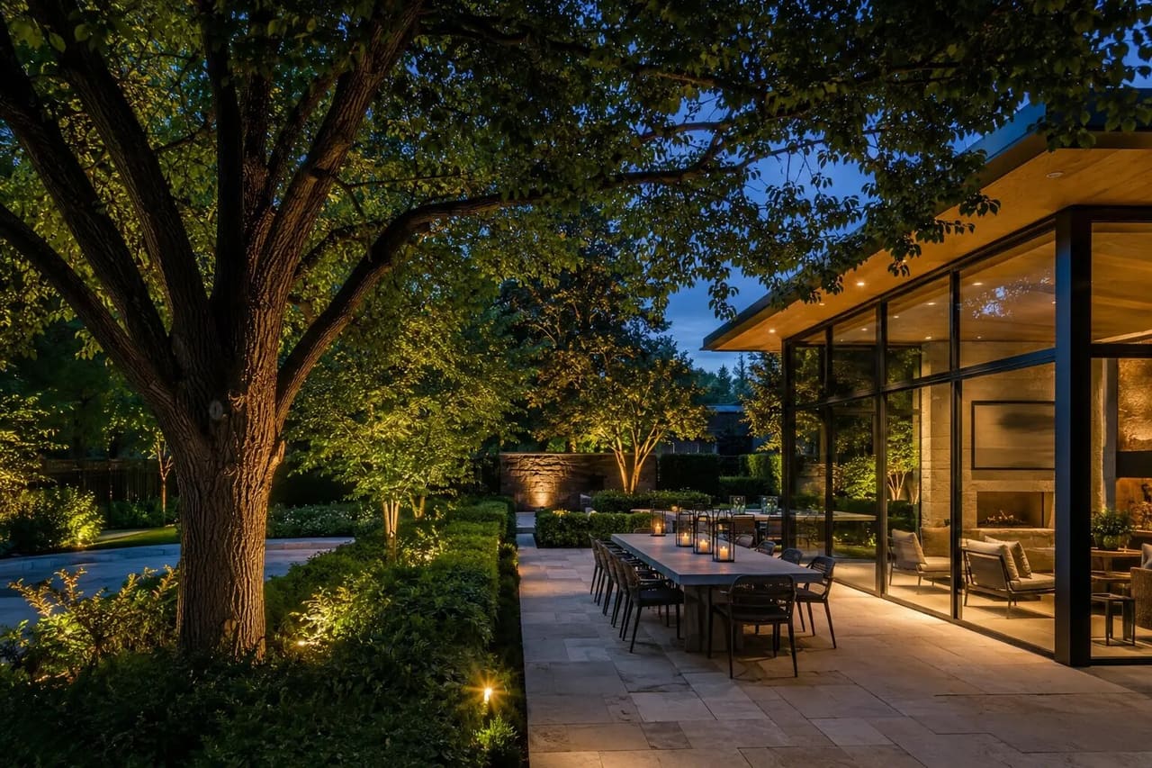 Illustrative Greenwood Village garden room and dining terrace beneath mature trees at twilight