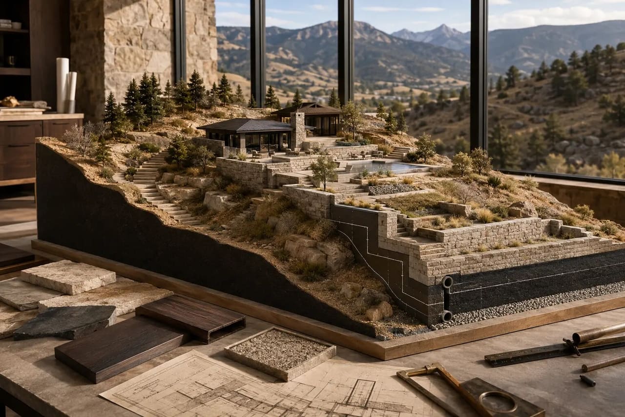 Illustrative hillside estate model showing retaining, drainage, structure, and landscape coordination