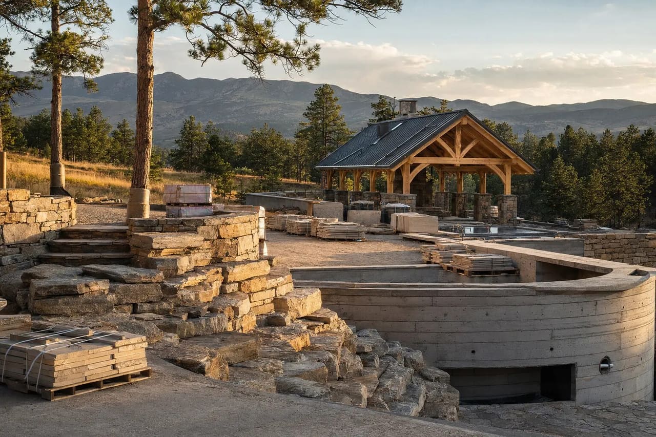 Illustrative Colorado estate construction with completed structure, pavilion framing, and staged stone