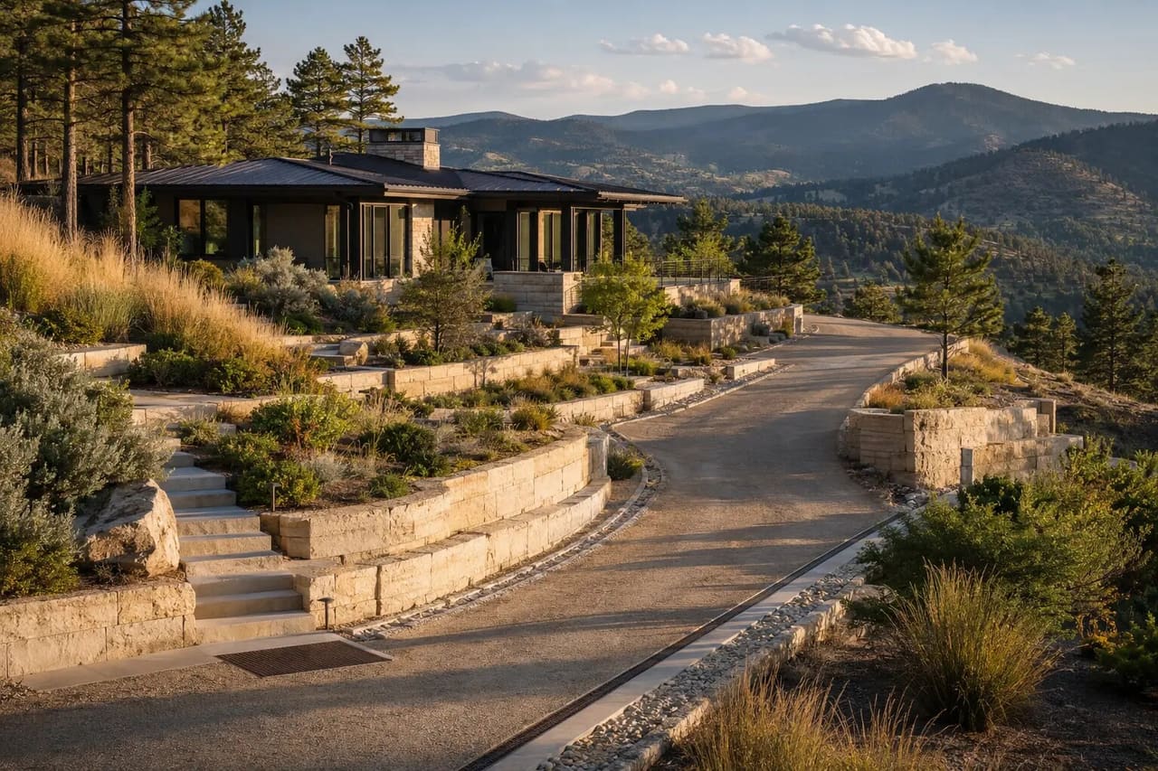 Illustrative Front Range hillside estate with terraced walls, drainage, stairs, and construction access
