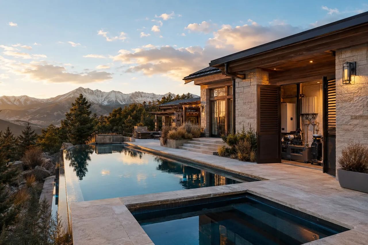 Illustrative Colorado pool and spa with a limestone terrace, native planting, and equipment access