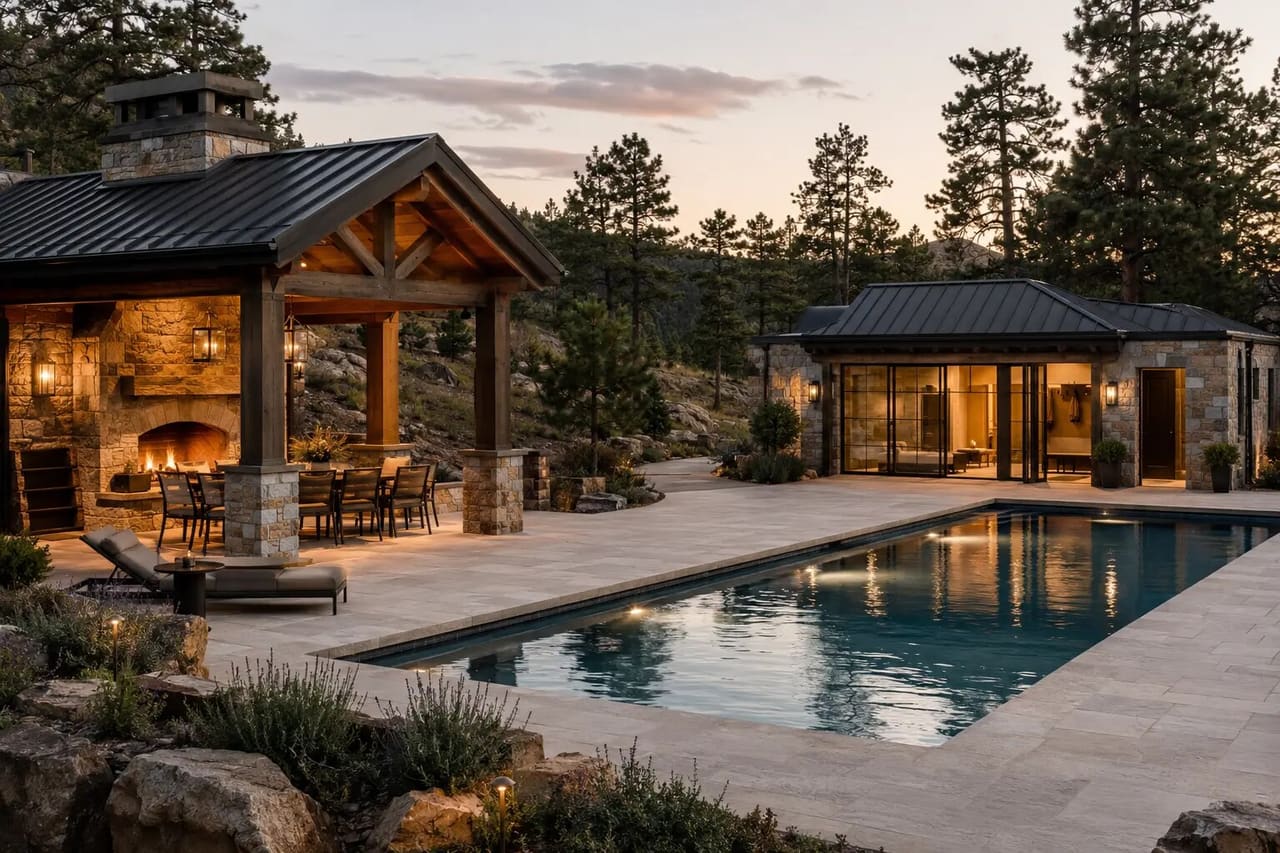 Illustrative Colorado pool terrace connecting an open fireplace pavilion and an enclosed pool house