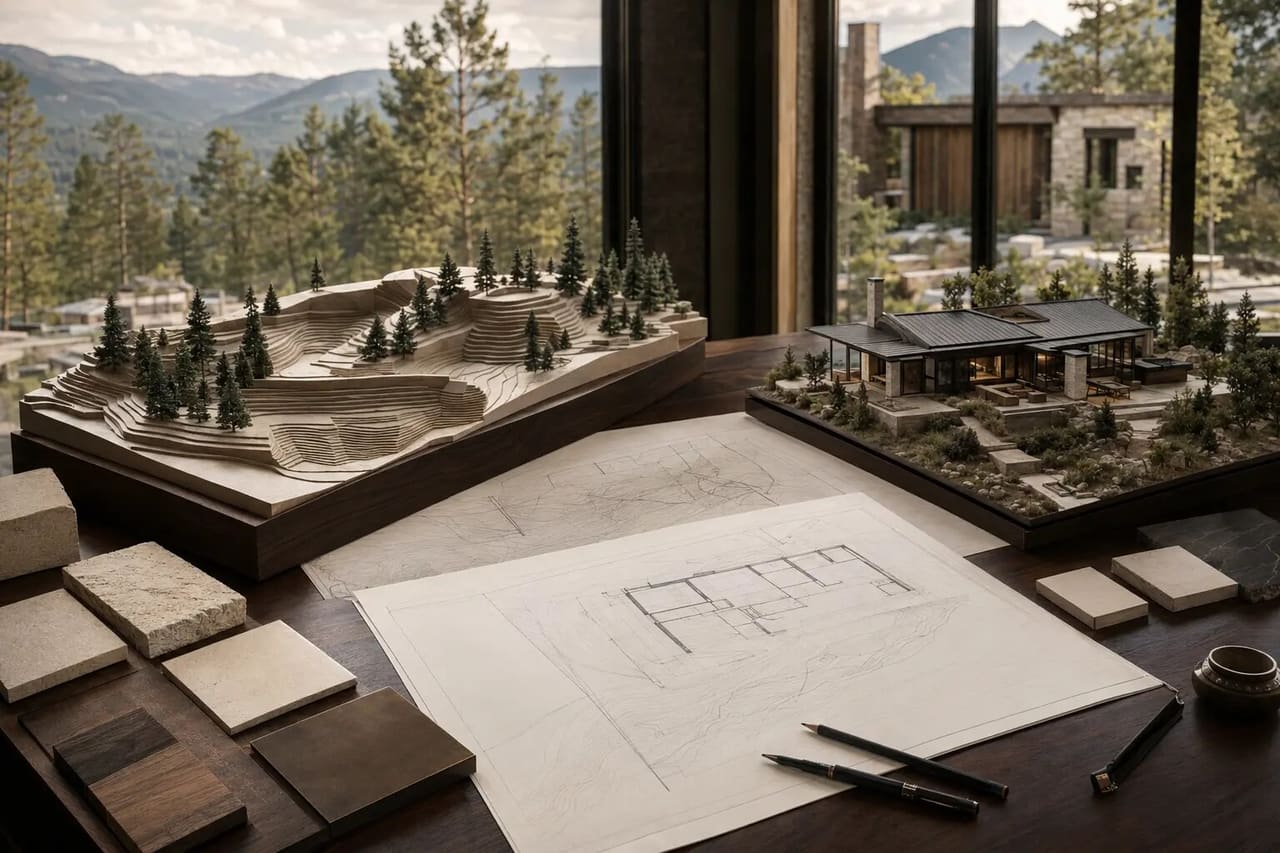 Illustrative topographic models, architectural plans, and material samples for a Colorado estate