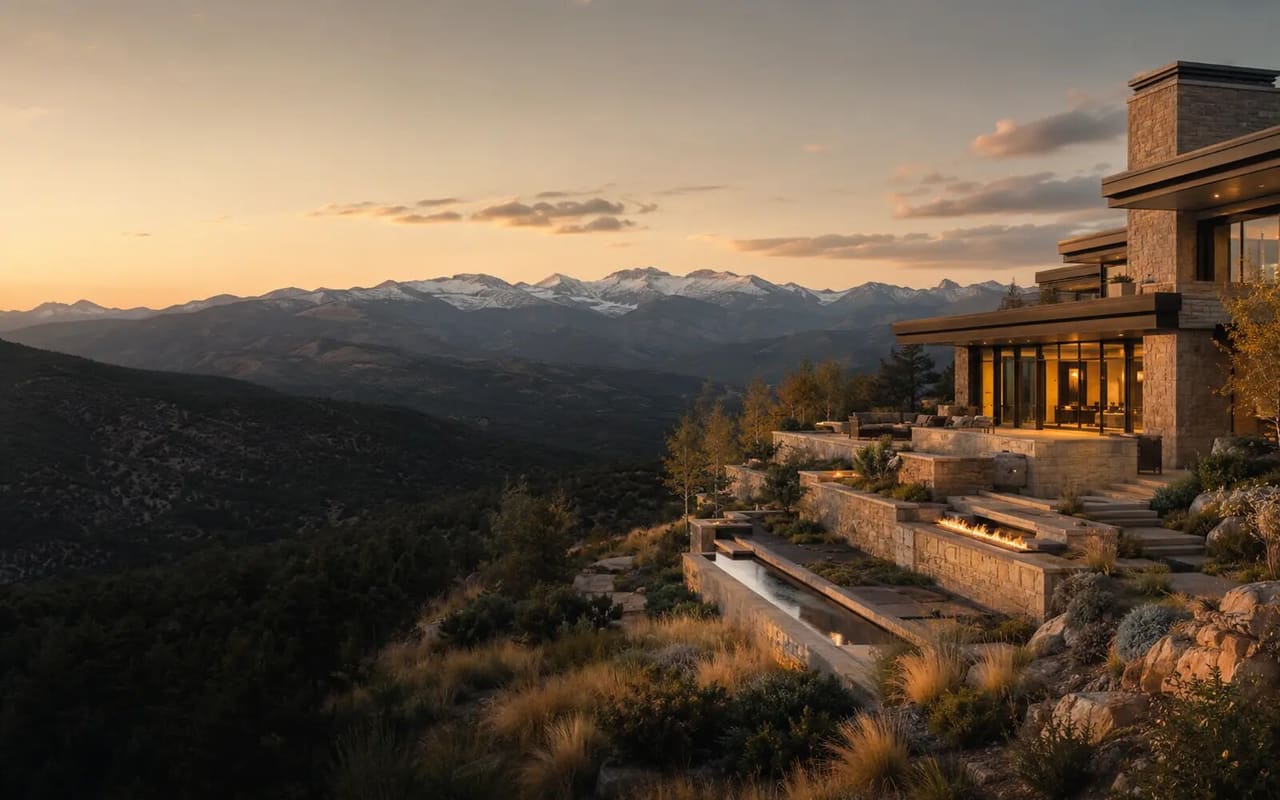 Illustrative Colorado mountain estate with stone terraces, linear fire, reflective water, and an alpine view