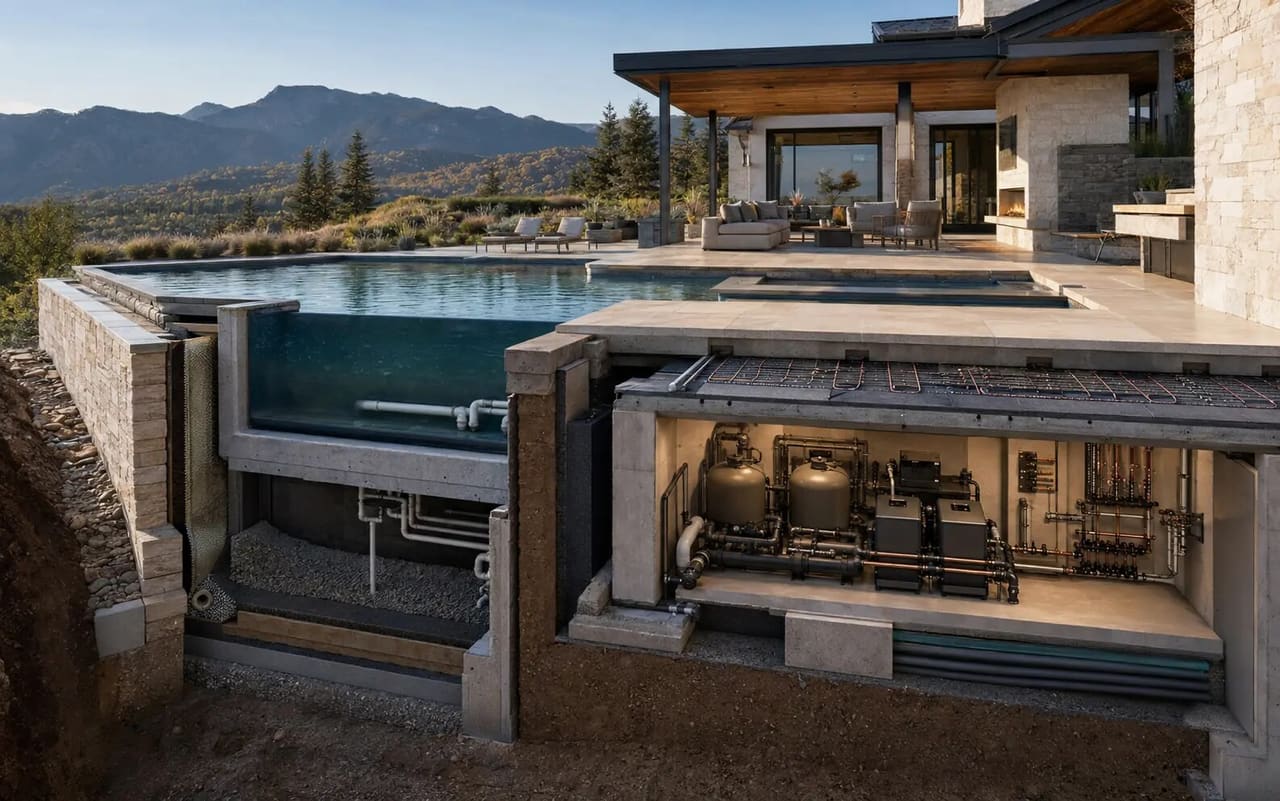 Illustrative cutaway of a Colorado estate pool showing concealed structure, drainage, piping, mechanical equipment, and radiant terrace heating