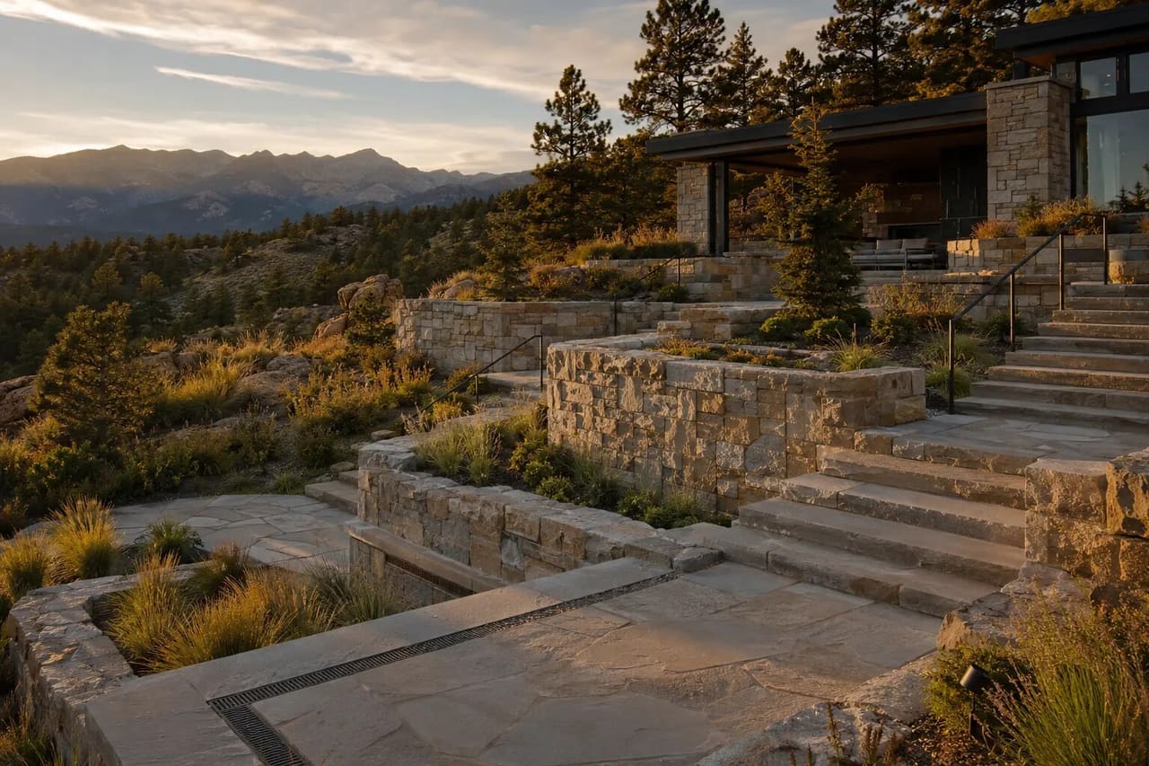 Illustrative study of a steep Colorado estate with integrated retaining walls, stairs, and drainage