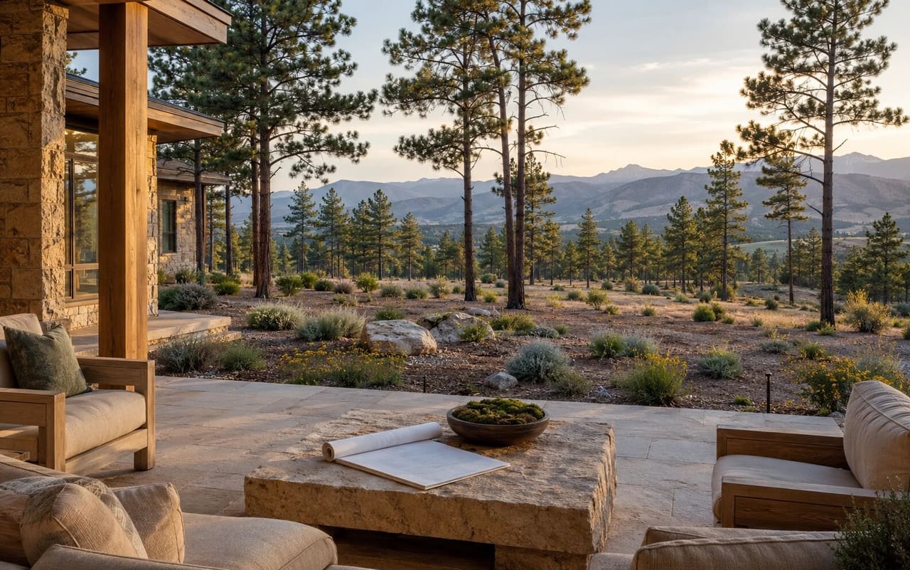 Illustrative Jefferson County foothill estate with a noncombustible terrace, spaced pines, defensible-space landscape, and a site plan