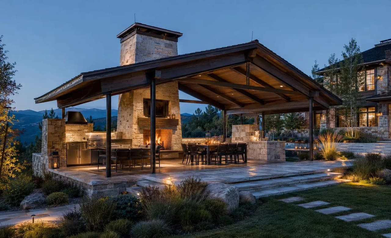 Illustrative Colorado pavilion with a sheltered outdoor kitchen and gathering space