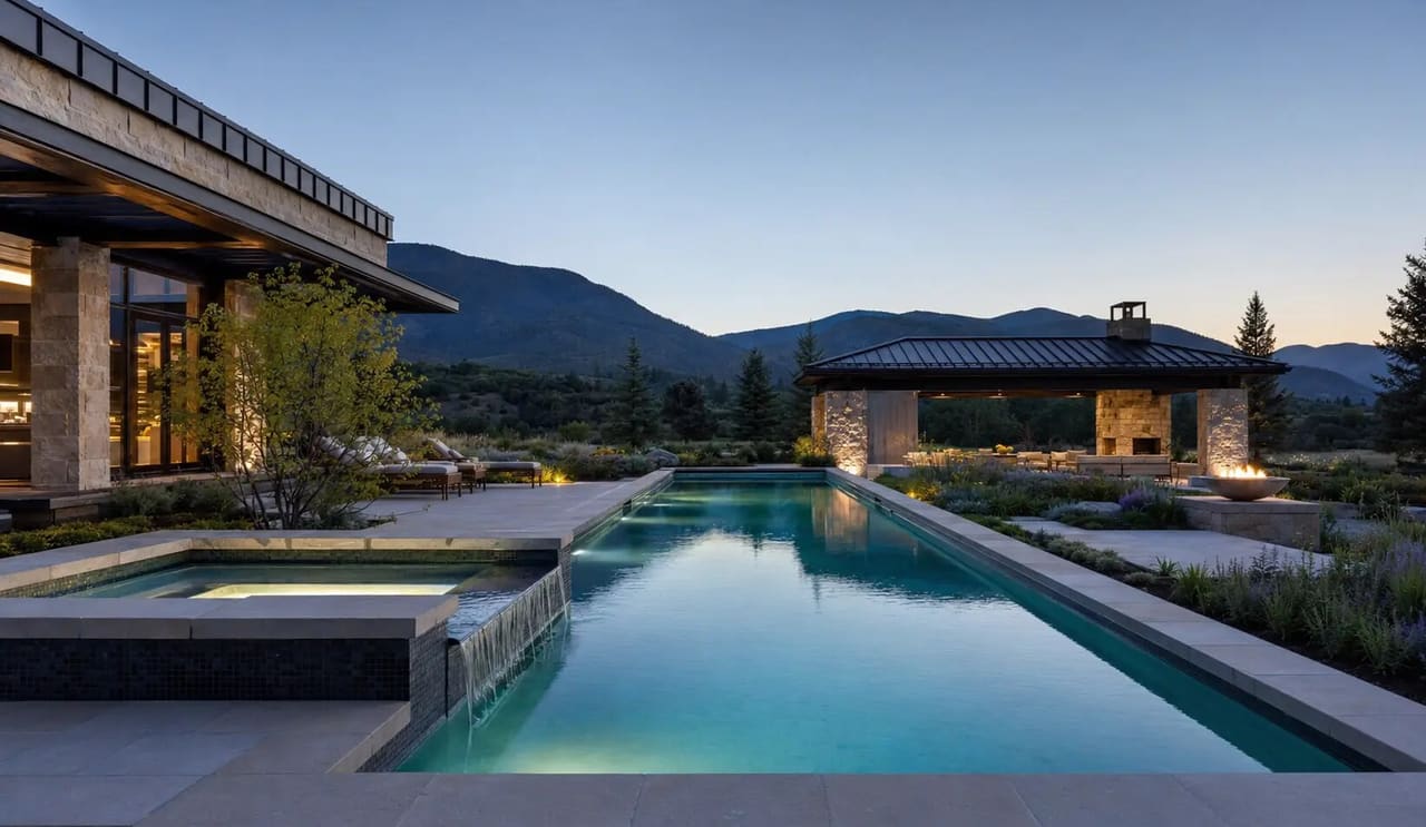 Illustrative study of an architectural Colorado pool, spa, pool house, and native planting