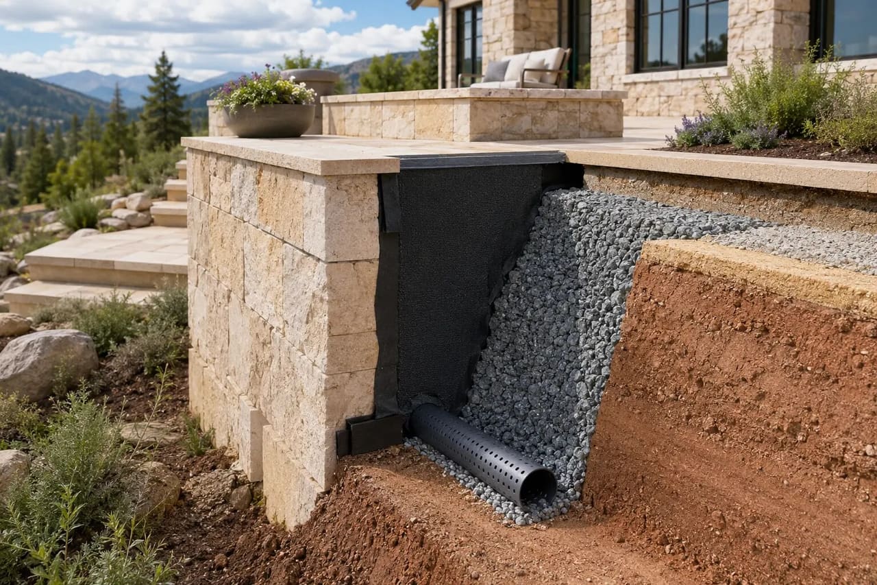 Illustrative drainage assembly exposed behind a limestone Colorado estate terrace