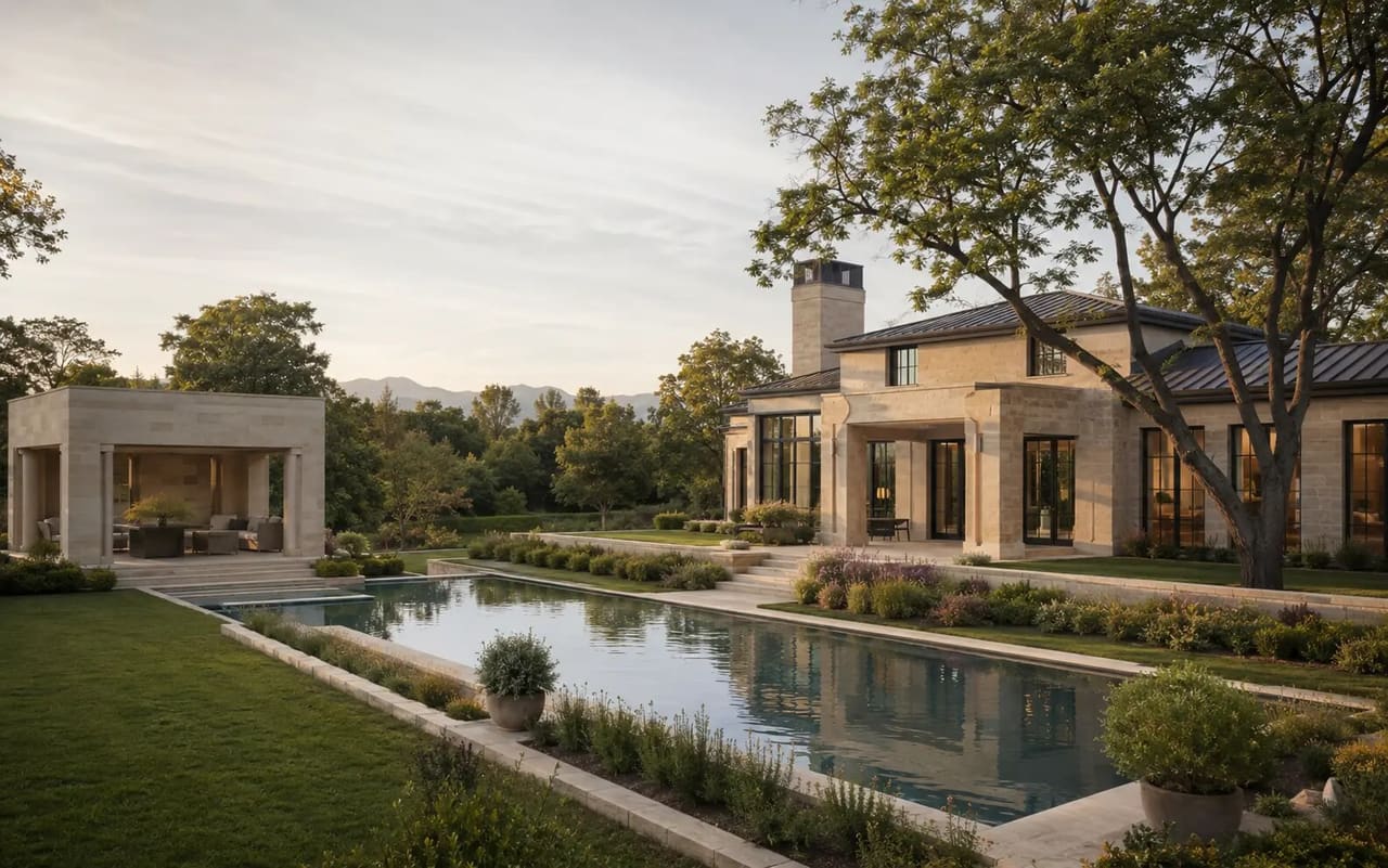 Illustrative south-metro estate with a limestone residence, reflecting pool, garden pavilion, and mature trees