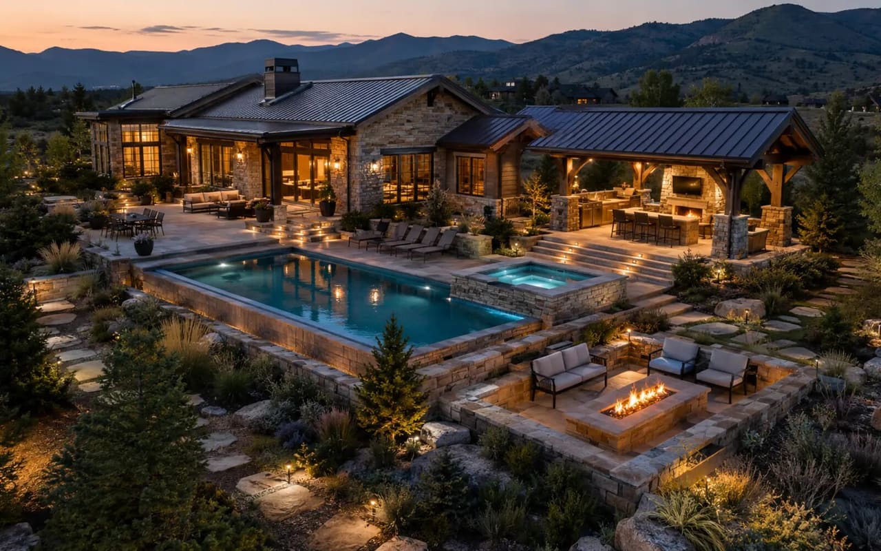 Illustrative two-million-dollar Colorado estate concept with a pavilion, pool and spa, fire terrace, stonework, and mature landscape