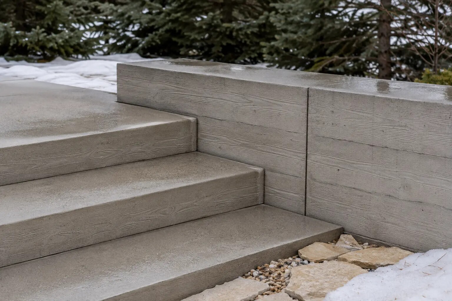 Illustrative board-formed concrete steps and wall showing a control joint, sloped surfaces, and a drainage band