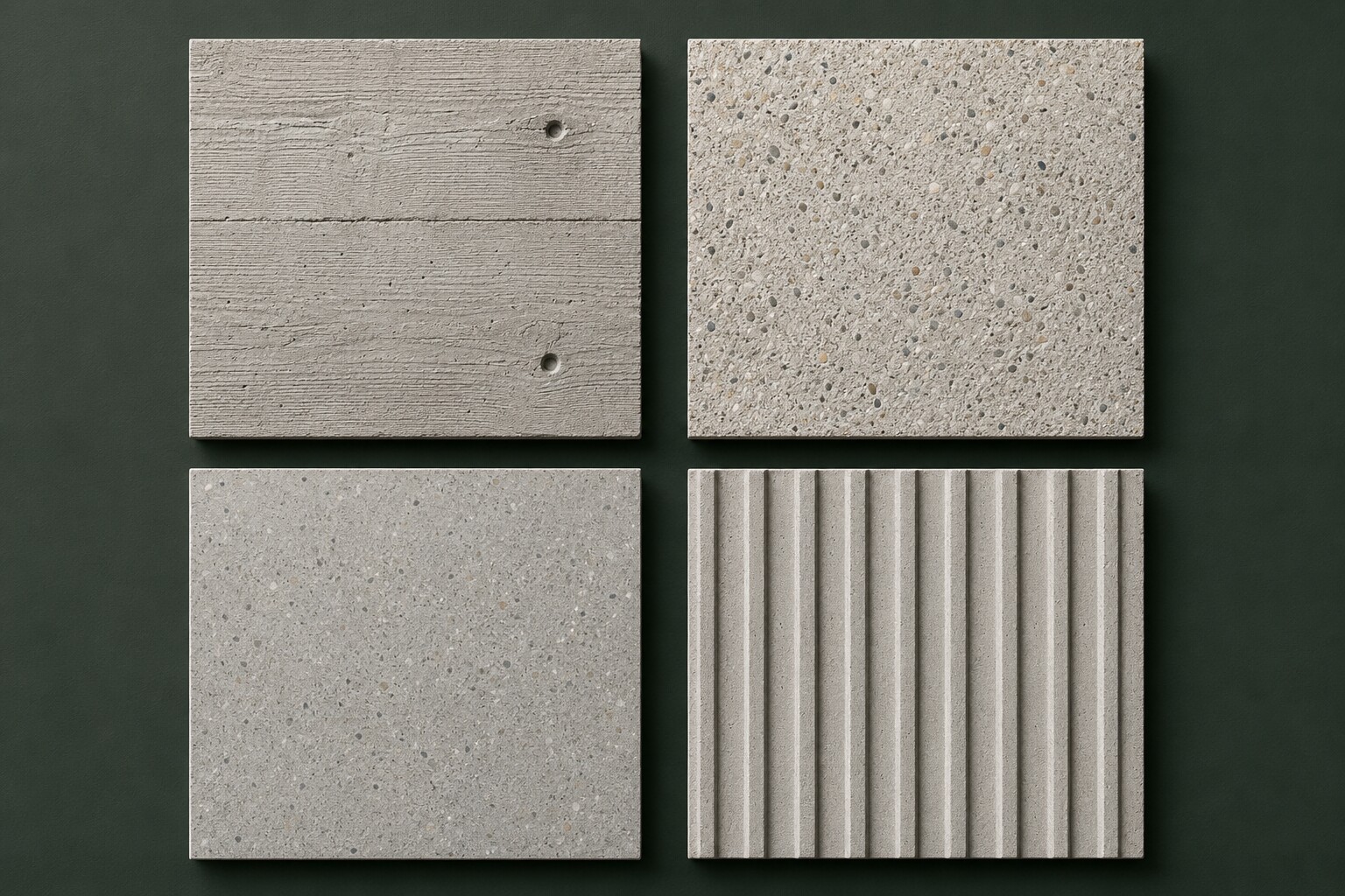 Four illustrative concrete specimens arranged for comparison: board-formed cast-in-place, sandblasted precast, honed precast, and ribbed GFRC