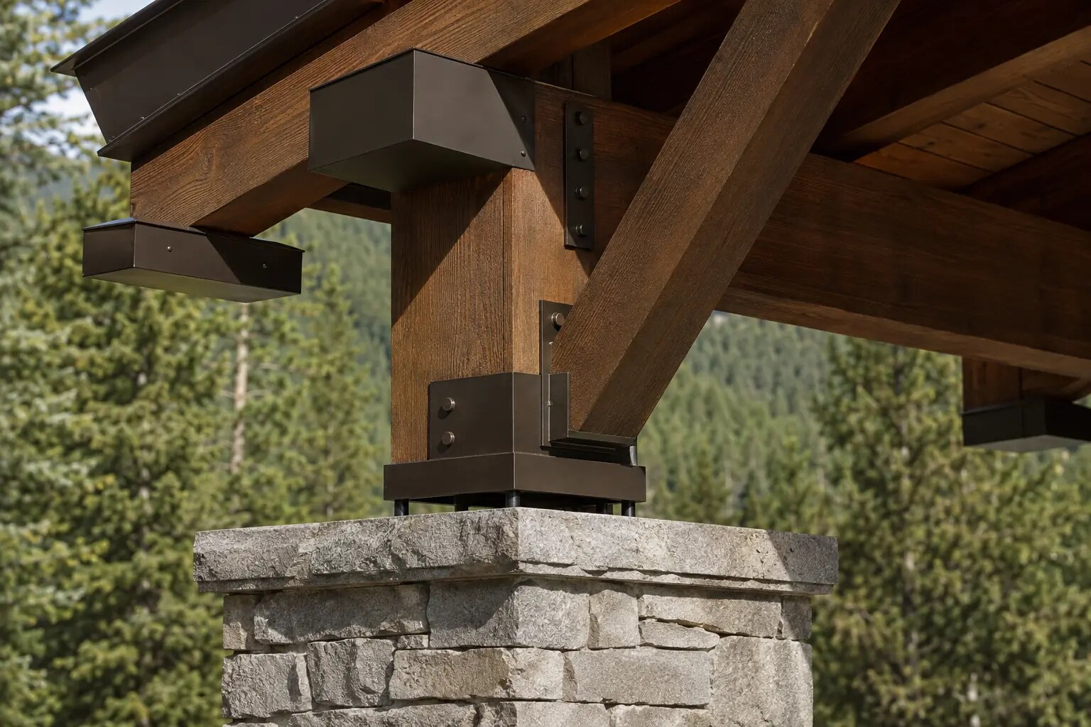 Illustrative exterior timber connection showing protected end grain, a draining base gap, coated fasteners, and pigmented finish