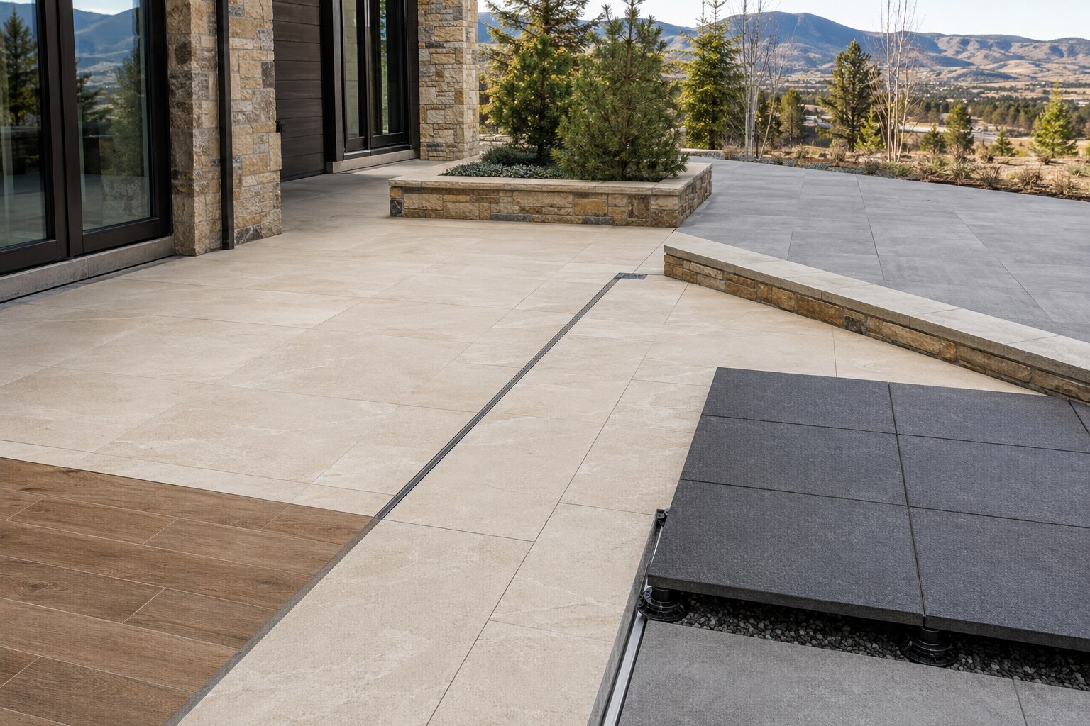Illustrative exterior porcelain terrace comparing limestone-look slabs, concrete-look pavers, charcoal textured pavers, and wood-look planks