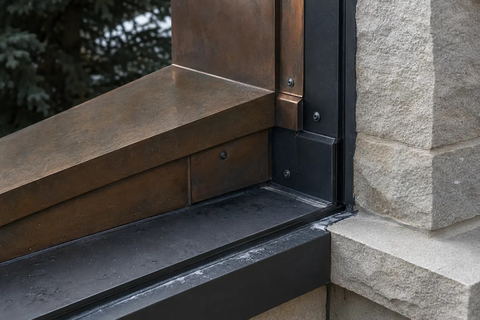 Illustrative exterior metal detail showing bronze, coated steel, fastened joints, drained edges, and protected transitions