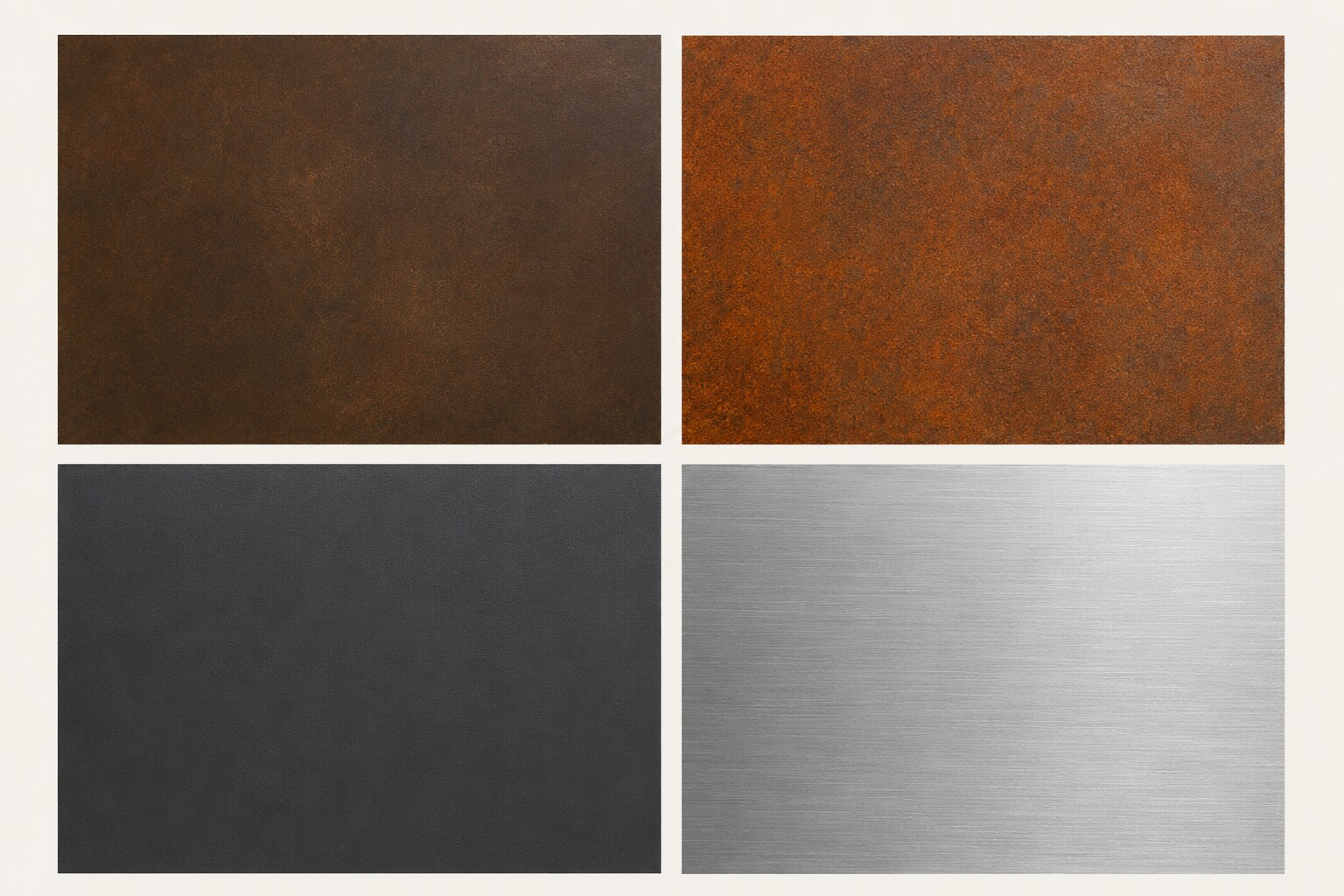 Illustrative metal specimens: bronze, weathering steel, powder-coated aluminum, and brushed stainless steel arranged for comparison