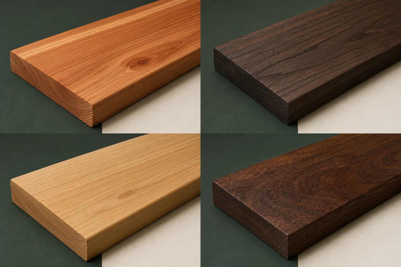 Four illustrative exterior wood specimens arranged for comparison: Western red cedar, thermally modified wood, acetylated wood, and dark durable hardwood