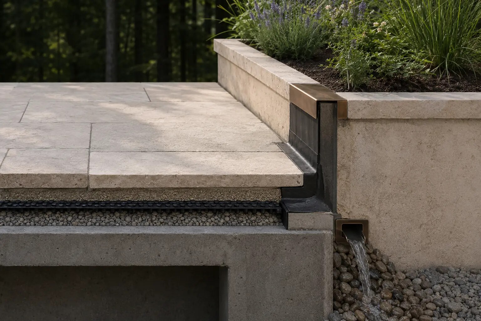 Illustrative terrace edge revealing paving, drainage mat, membrane termination, flashing, and a clear outlet path