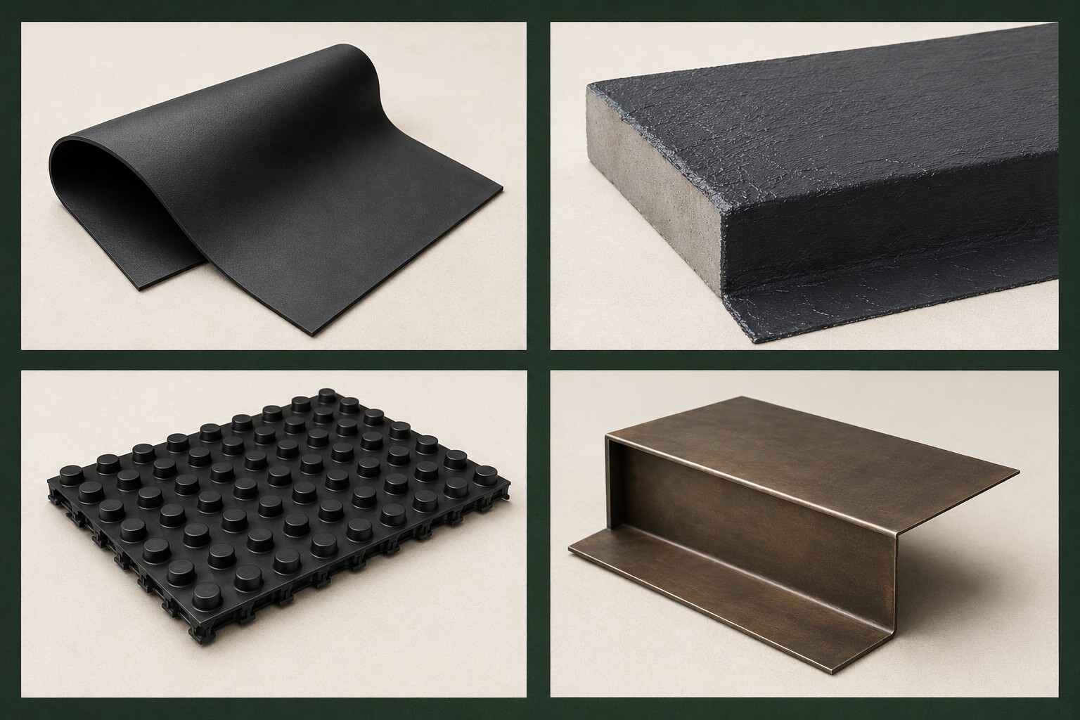 Illustrative envelope components: sheet membrane, liquid-applied membrane, dimpled drainage composite, and folded metal flashing